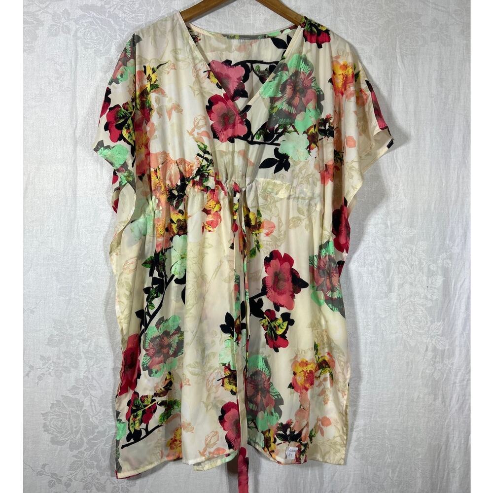 by Tavi Top Tunic Poncho Peach Pink Floral Shear Fair Trade Free Size Cover Up